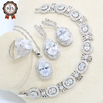 

Women Costume Natural Zirconia Stone Silver Color Jewelry Sets White Zircon Bracelets Pendant&Necklace Rings Earrings Gift Box