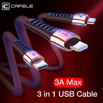 CAFELE 3A USB Cable for iPhone 11 Xr Xs 3 in 1 Type C USB Cable for Huawei Samsung Xiaomi Micro USB Charging Cable Data Transfer