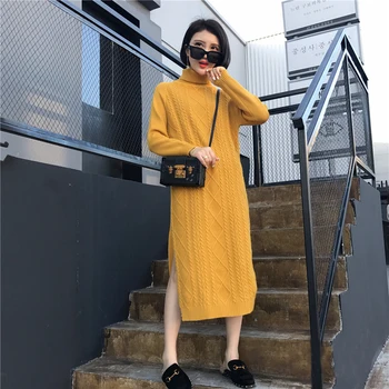 

Winter Straight Long Sweater Dress Women Turtleneck Knitted Autumn Pullover Dress Plus Size Long Sleeve Vintage Dress Twisted