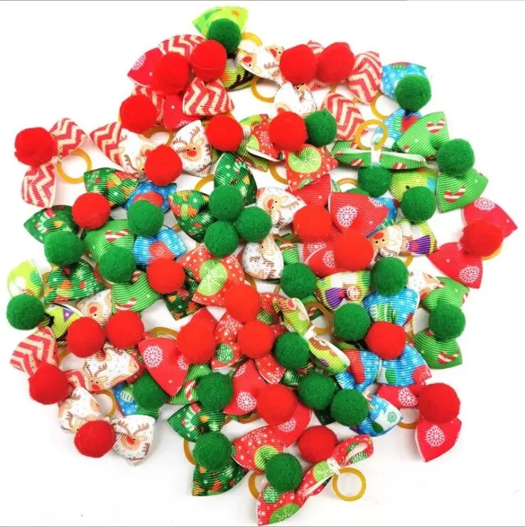 

Christmas pet hair flower dog cat Christmas cute hair ball rubber band hair flower 50pic/set color random shipping