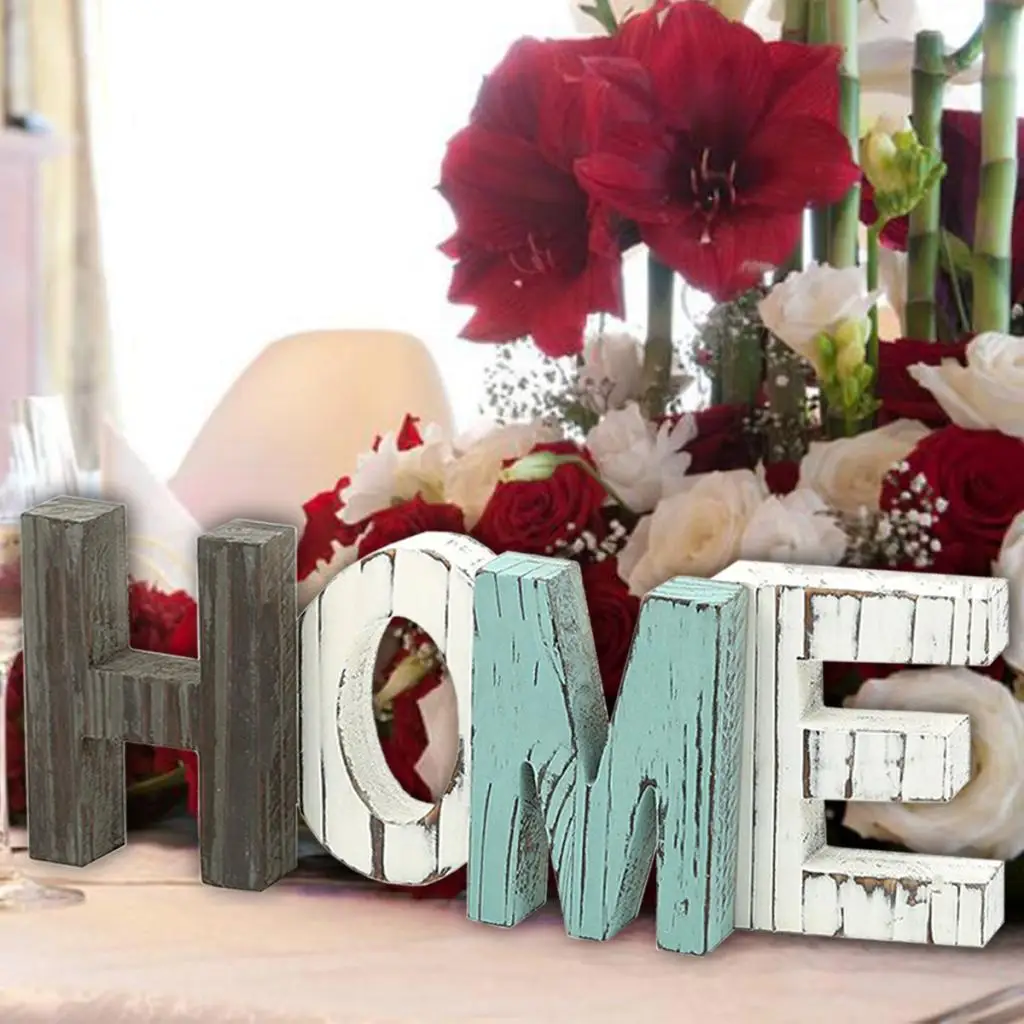Rustic Wooden Block Home Sign, Cutout Letters Weathered Wood, Freestanding Alphabets for Decoration, Multicolored