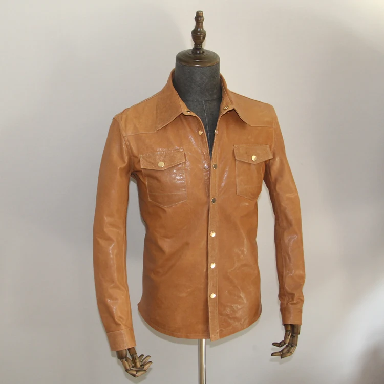 YR!. Мужская качественная кожаная рубашка. Брендовая винтажная куртка из овчины, тонкое пальто из натуральной кожи