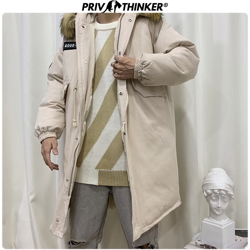 Privathinker, зима, длинное пальто, большой меховой воротник, парка для мужчин, большие размеры, одноцветная, в стиле хип-хоп, утолщенная, Теплая мужская верхняя одежда, куртка, модное пальто