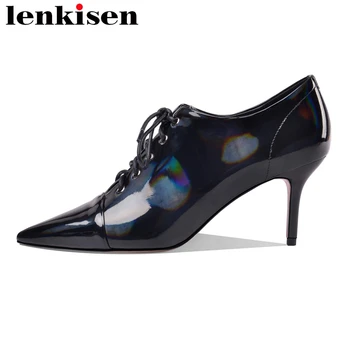 

Lenkisen 2020 spring new style pointed toe high heels simple design office lady daily wear deep mouth lace up women pumps L06
