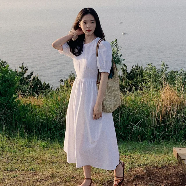Chic Solid Cotton White O-neck Dress Korean Fashion Summer Dress For Women  Sweet French Party Dresses Women Vestidos 14148 - Dresses - AliExpress