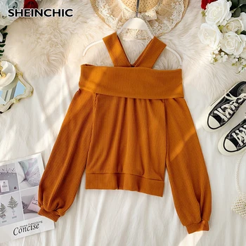 

Spring Autumn 2020 Designer Slash Neck Women Sweater Elegant Brown/Black/White Long Sleeve Pullovers Shirt For Female New Jumper