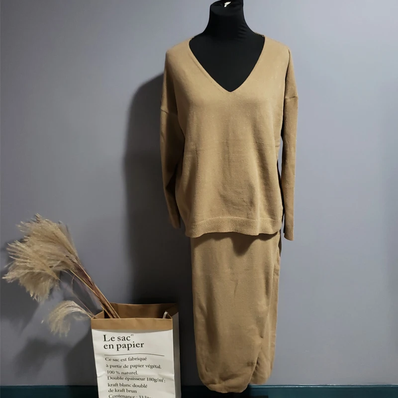 Комплект из двух предметов с люрексом, женские Пуловеры и юбки, элегантное оранжевое платье в Корейском стиле, топы с v-образным вырезом, юбки с высокой талией