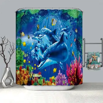 

3D Ocean Dolphin Bathtub Shower Curtain Polyester Waterproof Curtains Bathroom Non Slip Pedestal Rug Lid Toilet Cover Bath Mat