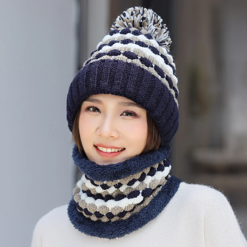 Navy blue Зимний женский вязанный шарф с ананасом, шапка, комплект из 2 предметов, теплая шапка с шерстяной подкладкой, защищающая шею, Skullies Beanies, женские зимние шапки - Color: Navy blue