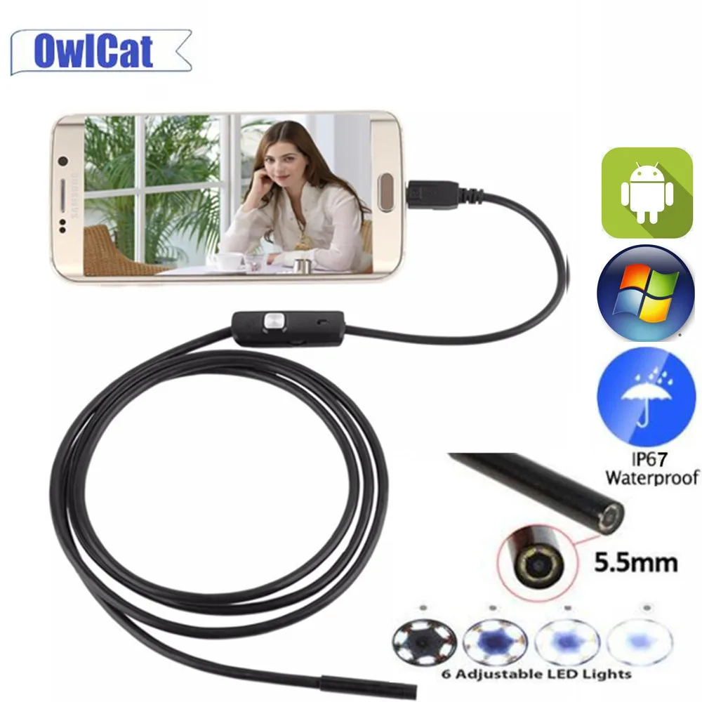 OwlCat 5 мм OTG USB эндоскоп Камера Android ПК на длинном кабеле трубке Водонепроницаемый
