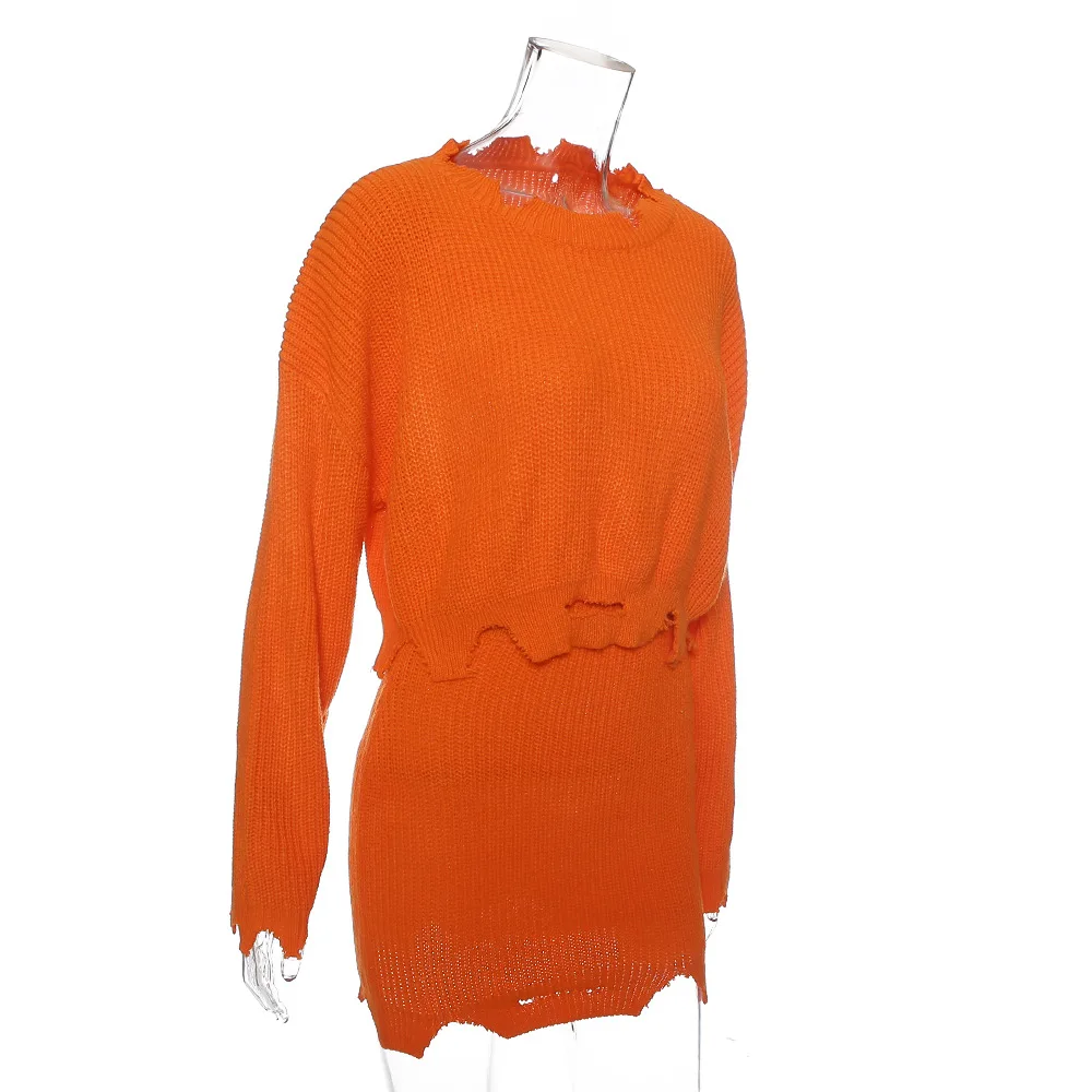 Hugcitar неоновое оранжевое укороченное Топ Юбка 2 предмета набор Осень Зима Женское отверстие сексуальные уличная одежда свитер с юбкой Сплошной комплект набор s