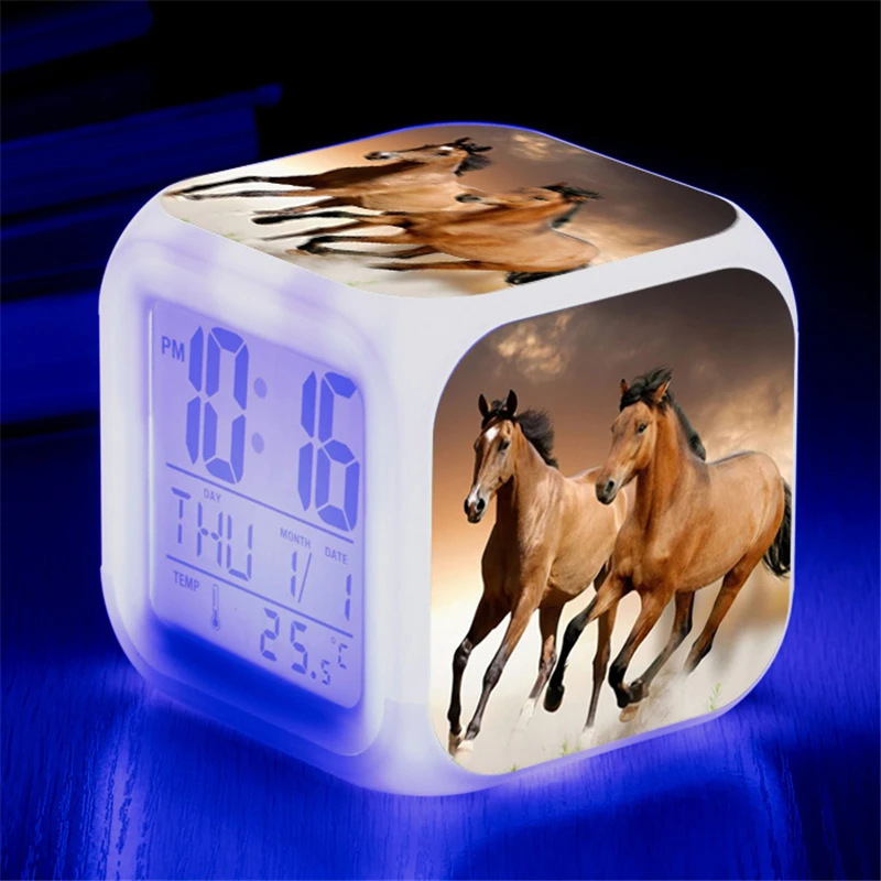 Animals Horse Digital Clocks Color Changing White Horses Led Alarm Clocks Action Figure Light Up Toys Doll Kids Gift