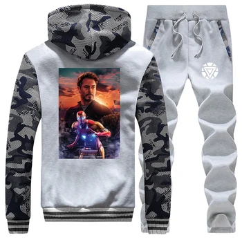 

Tony Stark Mens Sweatshirt+Pants Two Piece Sets Superhero Iron Man Warm Track Suit Men The Avengers Street Tracksuit Zip Jackets