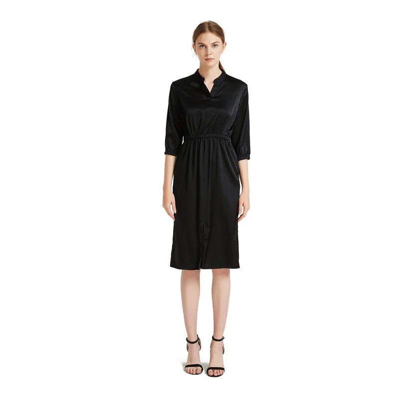 Черный Nature Silk Long Sleeve Shirt Dress Women Casual Summer Beach Dress Elegant Party Dresses - Цвет: Черный