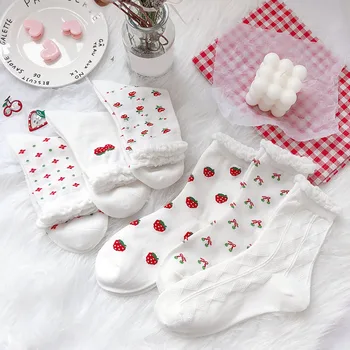 

Harajuku Style 2020 New Fasahion Girls Short Socks Middle Tube Socks Cute Strawberry Print Socks Lolita Style Ruffle Socks