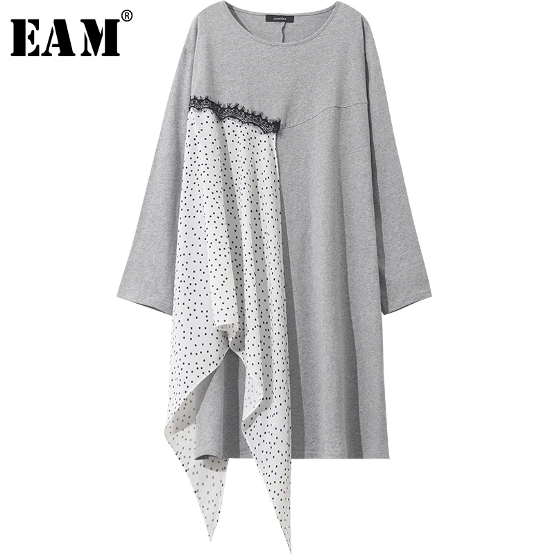 

[EAM] Women Chiffon Spliced Dot Print Big Size Dress New Round Neck Long Sleeve Loose Fit Fashion Tide Spring Autumn 2019 1A166