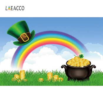 

Laeacco St. Patrick's Day Rainbow Hat Gold Grassland Shamrocks Photography Backgrounds Photographic Backdrops For Photo Studio