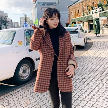 

Loose Woolen Suit Coats Women Spring Plaid Overcoat Fashion Vintage Outerwear Korean New Stylish Female Winter Wool Jacket Coat