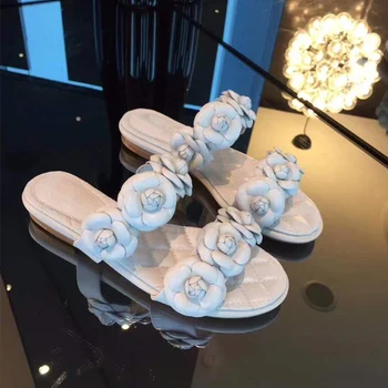 

High Quality Summer Flower Appliques Women Genuine Leather Slippers 2020 Runway Open Toe Flats Shoes Ladies Sandals Slides Shoes