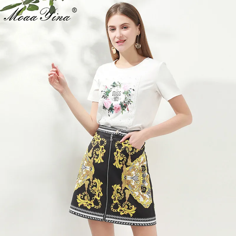 

MoaaYina Fashion Designer Set Spring Summer Women Short sleeve Pearl Floral-Print Pullover Tops+Skirt Elegant Two-piece set