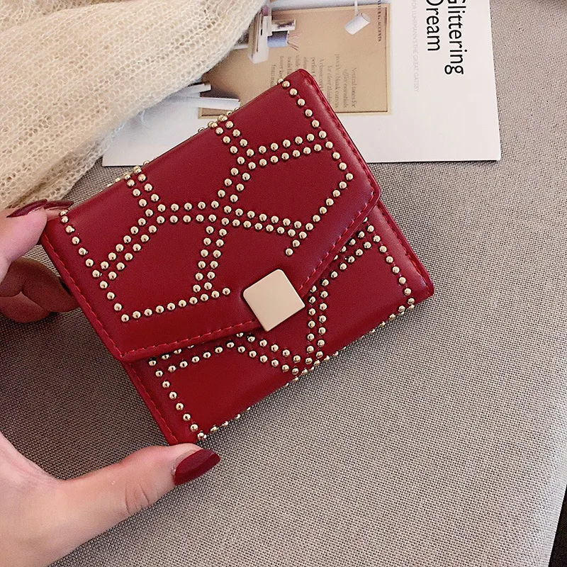

Europe And America Retro Solid Color Rivet Wallet Women's Short Simple Square Buckle Wallet Wallet Versatile Purse Trendy Bag