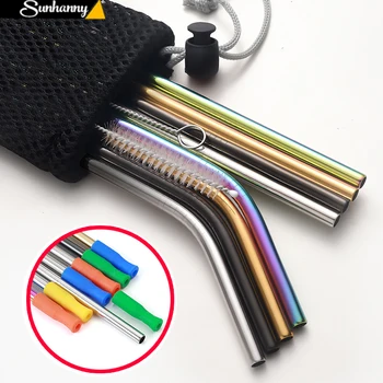 

Reusable Metal Drinking Straws 304 Stainless Steel Sturdy Bent Straight Drinks Straw with Cleaning Brush Bar Party Accessory
