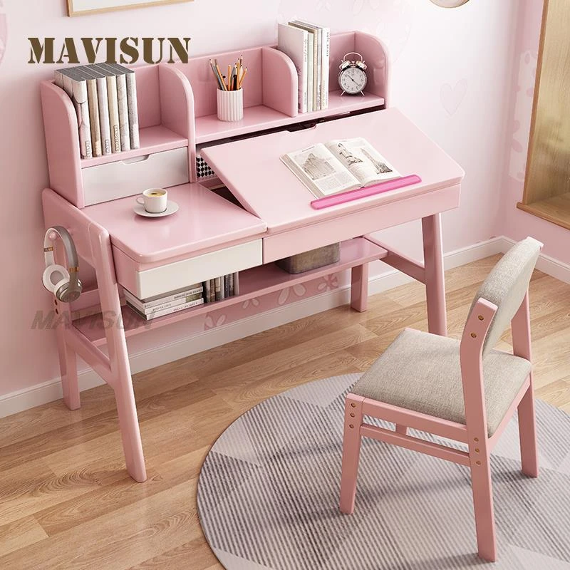 Children's Solid Wood Desk Primary School Pupils Study Pink Desk Girl