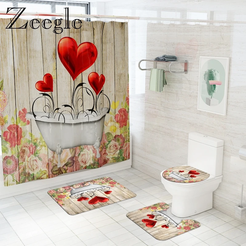 3D Red Heart Bath Mat and Shower Curtain Set Absorbent Bathroom Floor Mat Printed Bathroom Carpet Microfiber Bath Foot Mat