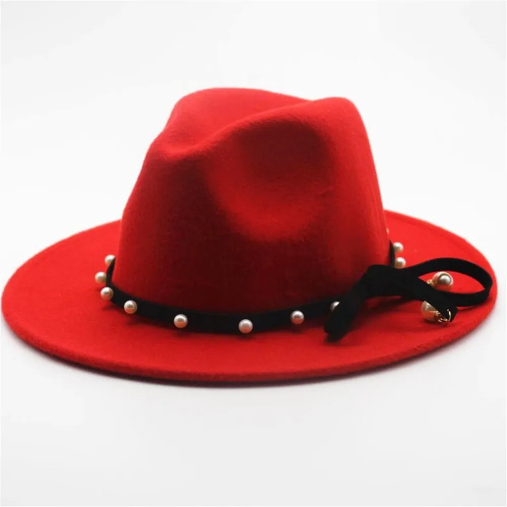 Red Модная женская и Мужская шерстяная шляпа Fedora с заклепками в стиле панк, элегантные женские вечерние шляпы, шляпа с бантиком, размер 56-58 см - Цвет: Red