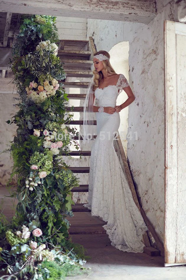 

Romantic Lace Wedding Dresses vestido de noiva Mermaid Trumpet Sweetheart Short Sleeves Applique Sweep Train Bridal Gowns 2019