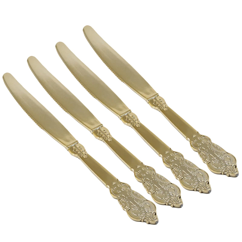 Disposable Imitation Metal Plastic Gold Silver Carved Embossed Cutlery Western Wedding Party Tableware Set