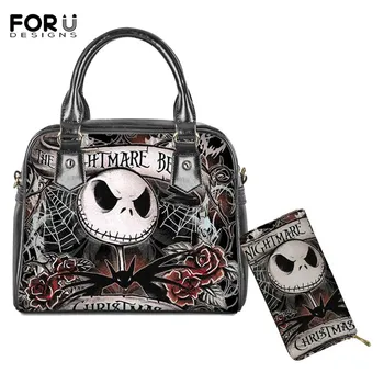 

FOURDESIGNS Brand Designer 2set Women PU Tote Bag and Wallet The Nightmare Before Christmas Print Leather Handbag&Purse 2020 New