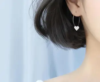 

100% Authentic 925 Sterling Silver fine Jewelry big &Thin circle white zirconia set love heart Hoop HUggie Earrings gtle2323