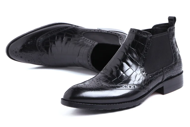 Autumn Winter Black Genuine Leather Brogues Mens Ankle Boots Fashion Genuine Leather Chelsea Boots Vintage Dress Boots Shoes