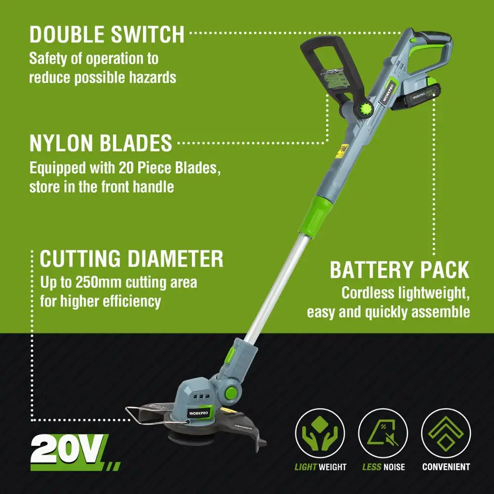 WORKPRO 20V 12" Cordless Grass Trimmer Set Electric Lawn Mower 2000mAh Li-ion Auto Release String Cutter Pruning Garden Tools