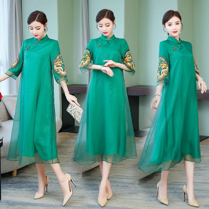 

Chinese-style Embroidered Mid-length Improved Cheongsam Dress 2019 Spring New Style Ethnic-Style Chinese Style WOMEN'S Dress