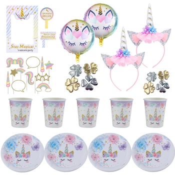 

Unicorn Disposable Tableware Plate Cups Tablecloth Straws Kids Birthday Unicorn Theme Birthday Children Party Decoration