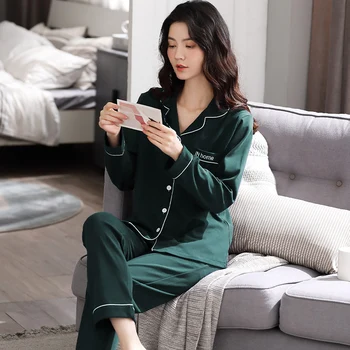 

Cotton Sleepwear Green Simple Pajamas Set Women's Long Sleeves Long Pants Ladies Homewear Loose Pyjama Comfortable Nightgown 4XL