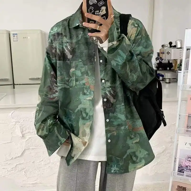 

2021 Men's Fashion Retro Oil Painting Printed Long Sleeved Shirts Street Loose Casual Couple's Clothes Shirt Green Color Coat