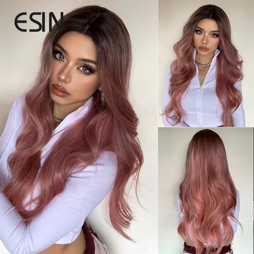 ESIN Synthetic Wigs Long Pink Lace Front Wig for Women Natural Hair Wavy Middle Part Daily Hair Hand Tied