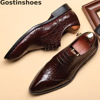 

Spring Autumn Fashion Men Leather Shoes Black Brown Lace-up Genuine Leather Formal Men Derby Shoes Pointed Crocodile Printed