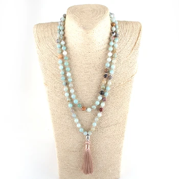

RH Fashion Yoga Jewelry 8mm 108pc Beaded Amazonite Stone Buddha Charm Mala Necklace For Women Lariat Necklaces