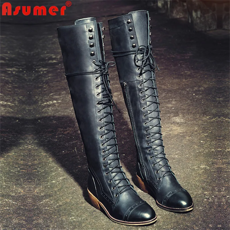 

ASUMER 2020 vintage knee high boots women genuine leather shoes zip cross tied autumn winter long boots ladies casual shoes