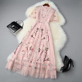 

Women designer brand floral embroidery party dress summer 2020 short sleeve a-line elegant long mesh dresses pink purple