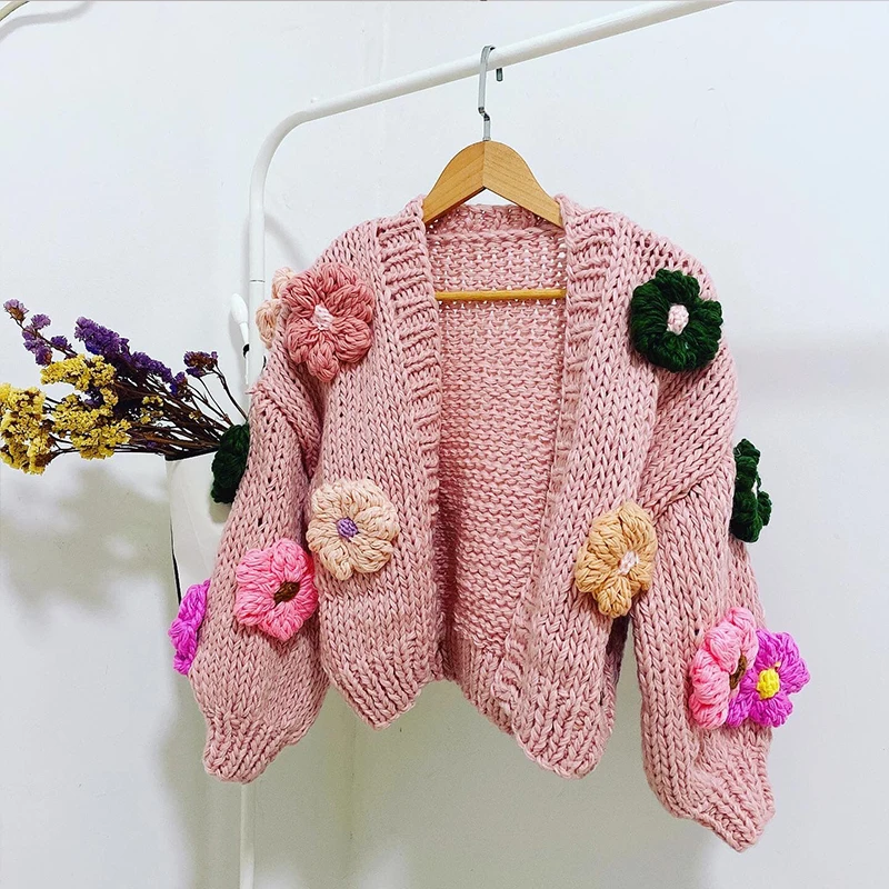 MosiMolly Cardigan Women Sweater Handmade Flower Sweater Cardigan Women Jumper Knitting Coats Outerwear 2021 pink cardigan