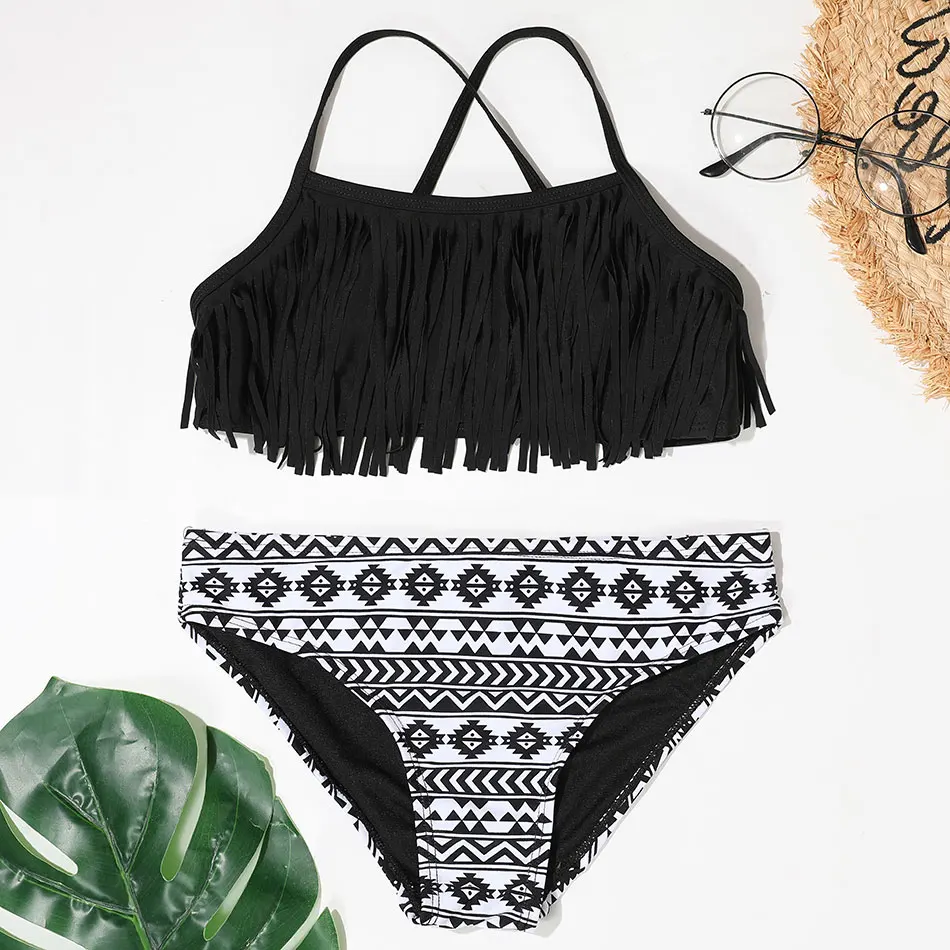 

Fringe Girls Swimsuit Kids Print Two Piece Children's Swimwear 8-16 Years Big Girl Bikini Set Cross Back Bathing Suit Beachwear