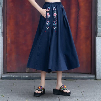 

KYQIAO black skirts womens 2020 summer autumn ethnic designer long navy blue red embroidery midi skirt long skirt