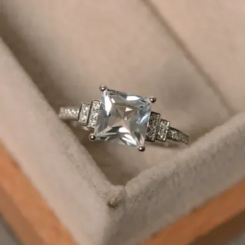 

European and American Zircon Fine Single Crystal S925 Sterling Silver Square Ring Ladies Exquisite Temperament Ring