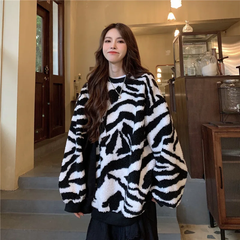 

Winter Women's Zebra Print Hoodie Long Sleeve Round Neck Loose Top Oversized High Street Clothing Large Size Ladies Street Wear
