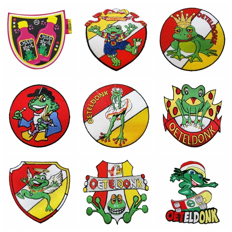 

Iron on Patches Oeteldonk Emblem Club Frog Carnival for Netherland Patches for Clothing Stripes Embroidered Patches Wholesale